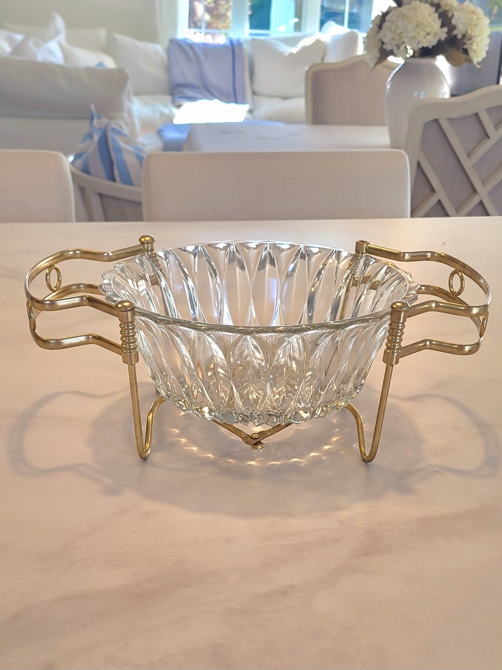 Pressed Glass Serving Bowl with Gold Tone Metal Stand Caddy, Hollywood Regency